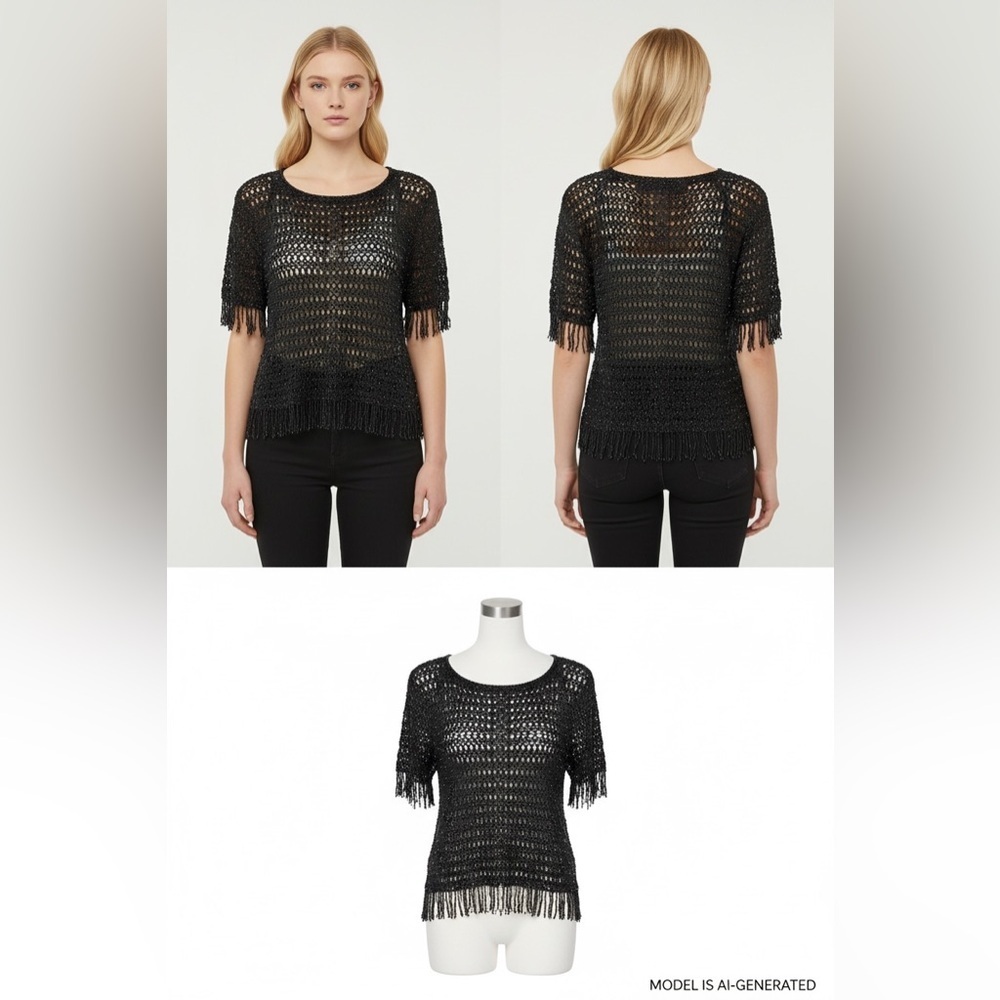 Valenti Black Beaded Crochet Fringe Top L – Boho Festival Evening Layer